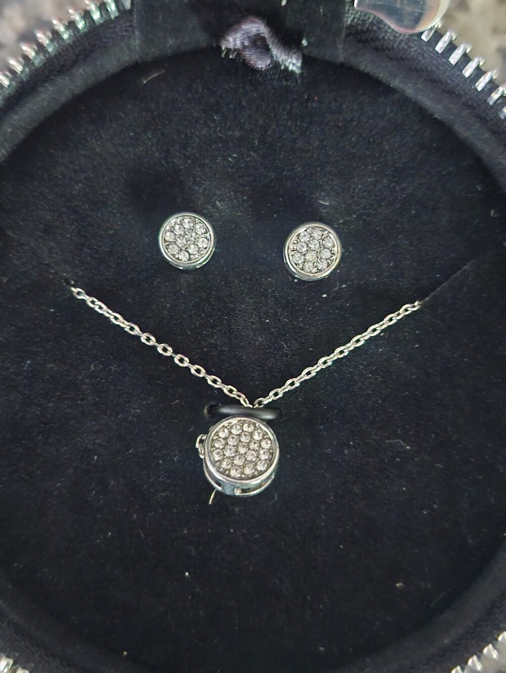 White House Black Market Silver Round Crystal Necklace and Stud Earring Set-New!
